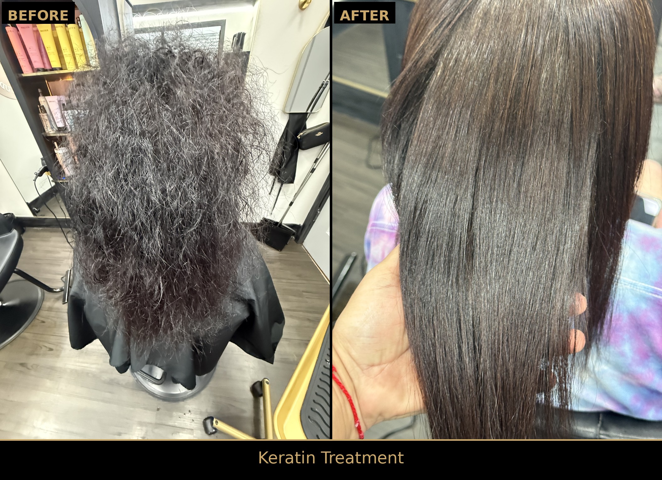 Side-by-side before and after: very frizzy, unruly dark hair transformed by a keratin treatment into sleek, smooth, straight hair with shine