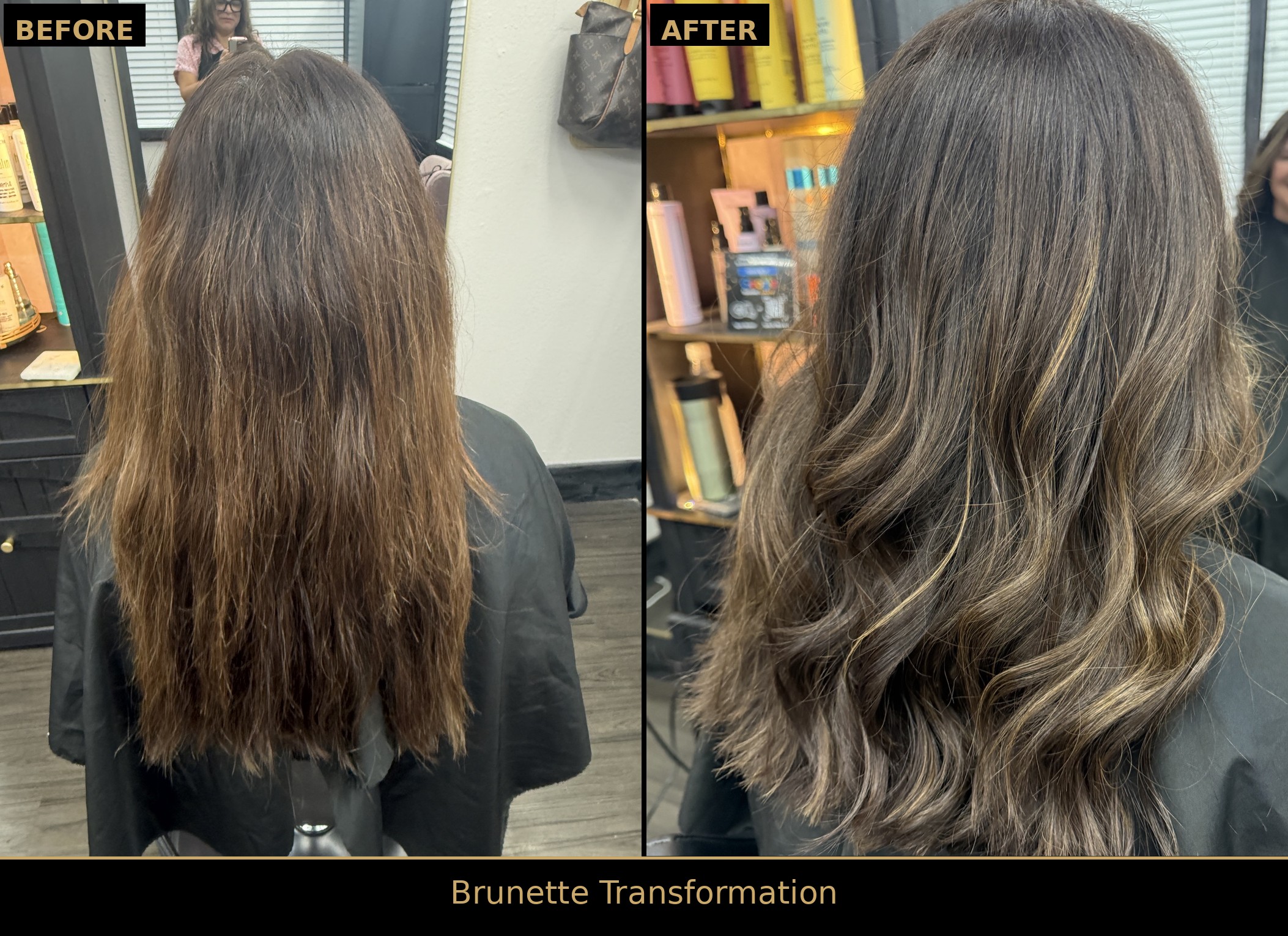 Side-by-side before and after: flat, faded brunette hair transformed into glossy dimensional brunette waves