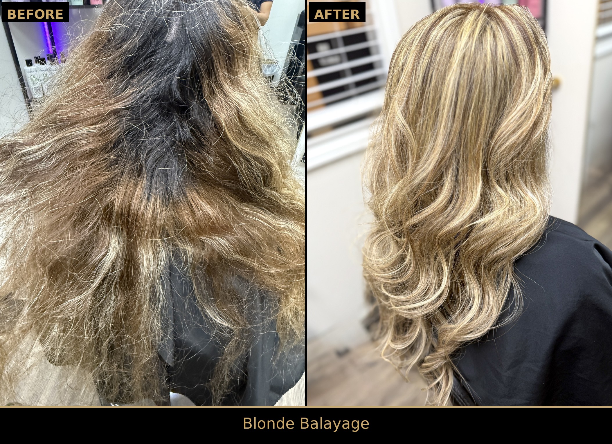 Side-by-side before and after: dry, tangled grown-out color transformed into smooth, flowing blonde balayage waves