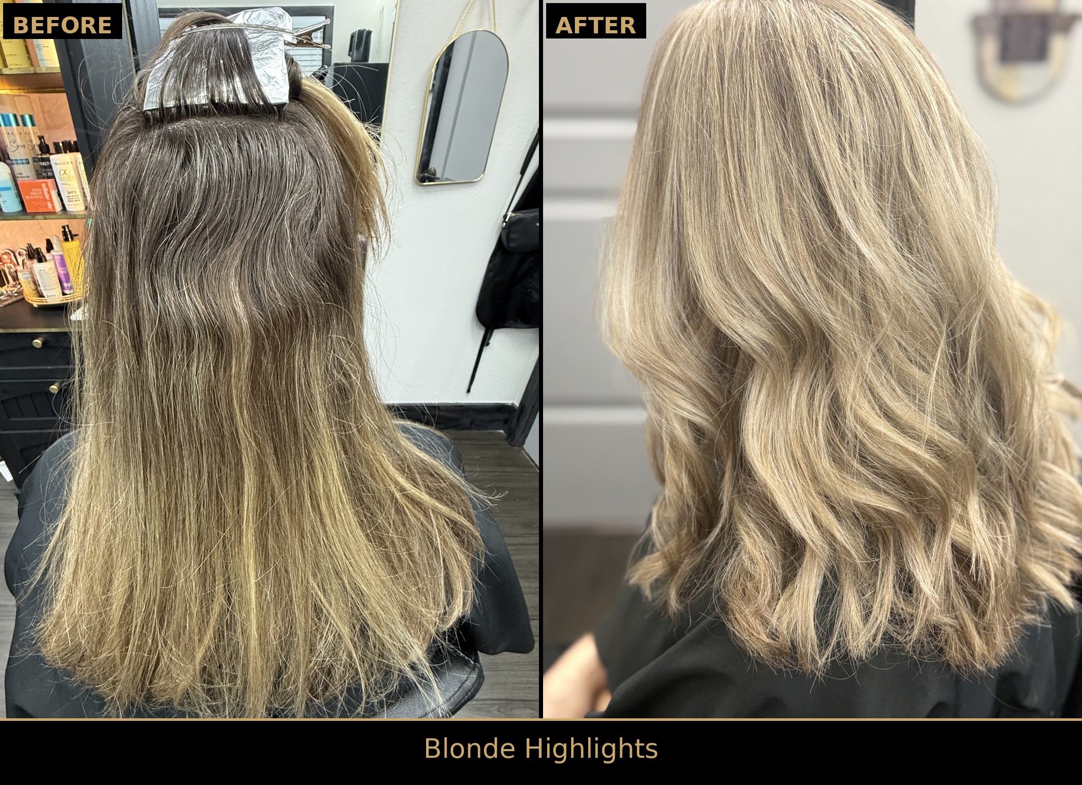 Side-by-side before and after: dark grown-out roots with foils in place transformed into bright blonde highlighted waves