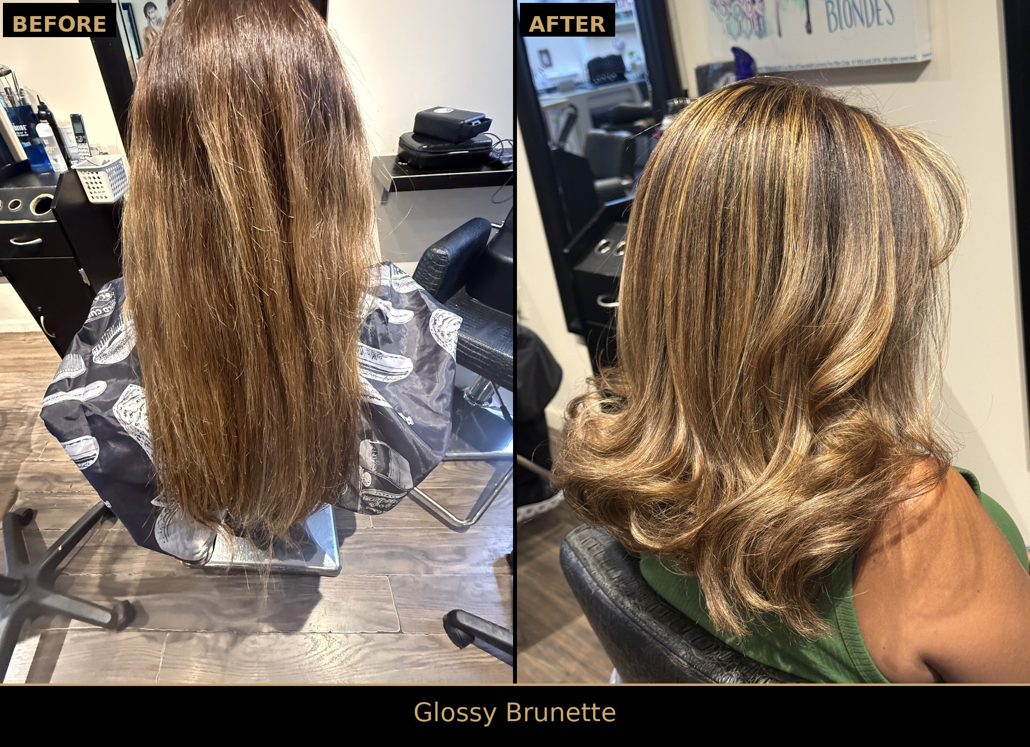 Side-by-side before and after: long, flat brunette hair transformed into glossy brunette with golden dimension and soft waves