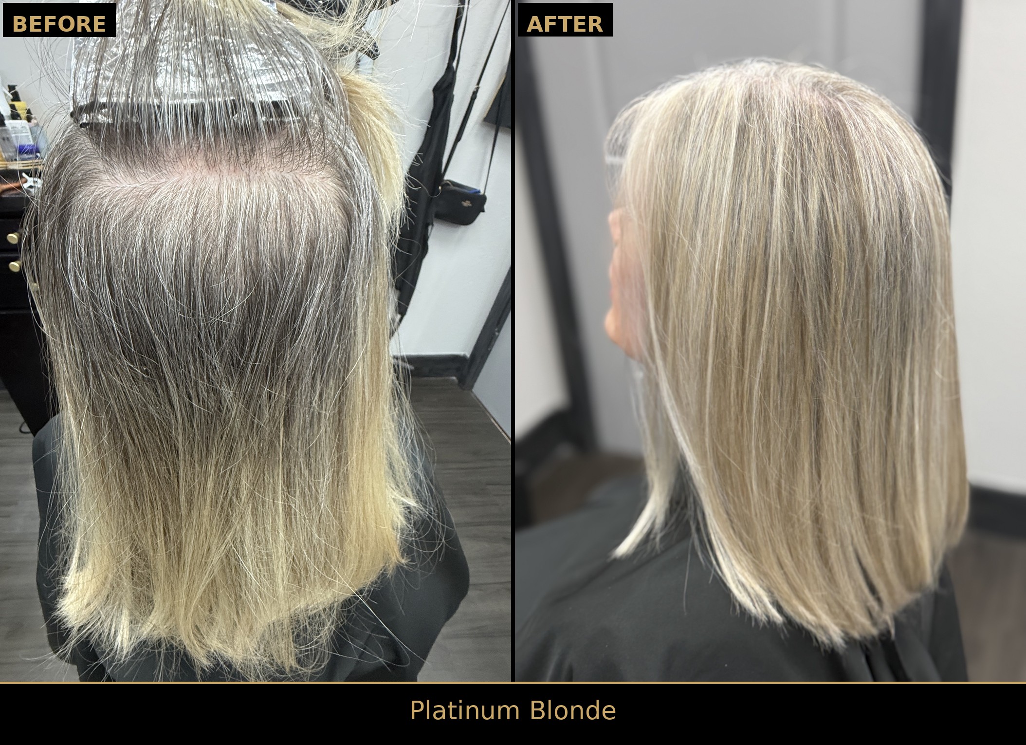 Side-by-side before and after: graying, dull hair with foils in place transformed into a sleek platinum blonde bob
