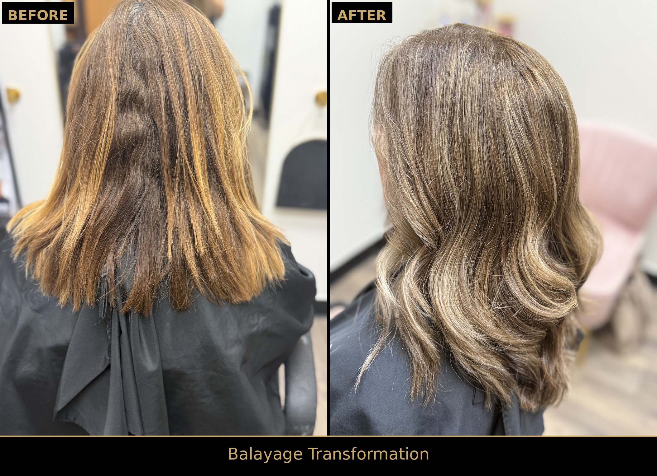 Side-by-side before and after: brassy, uneven color transformed into smooth ash-toned balayage waves