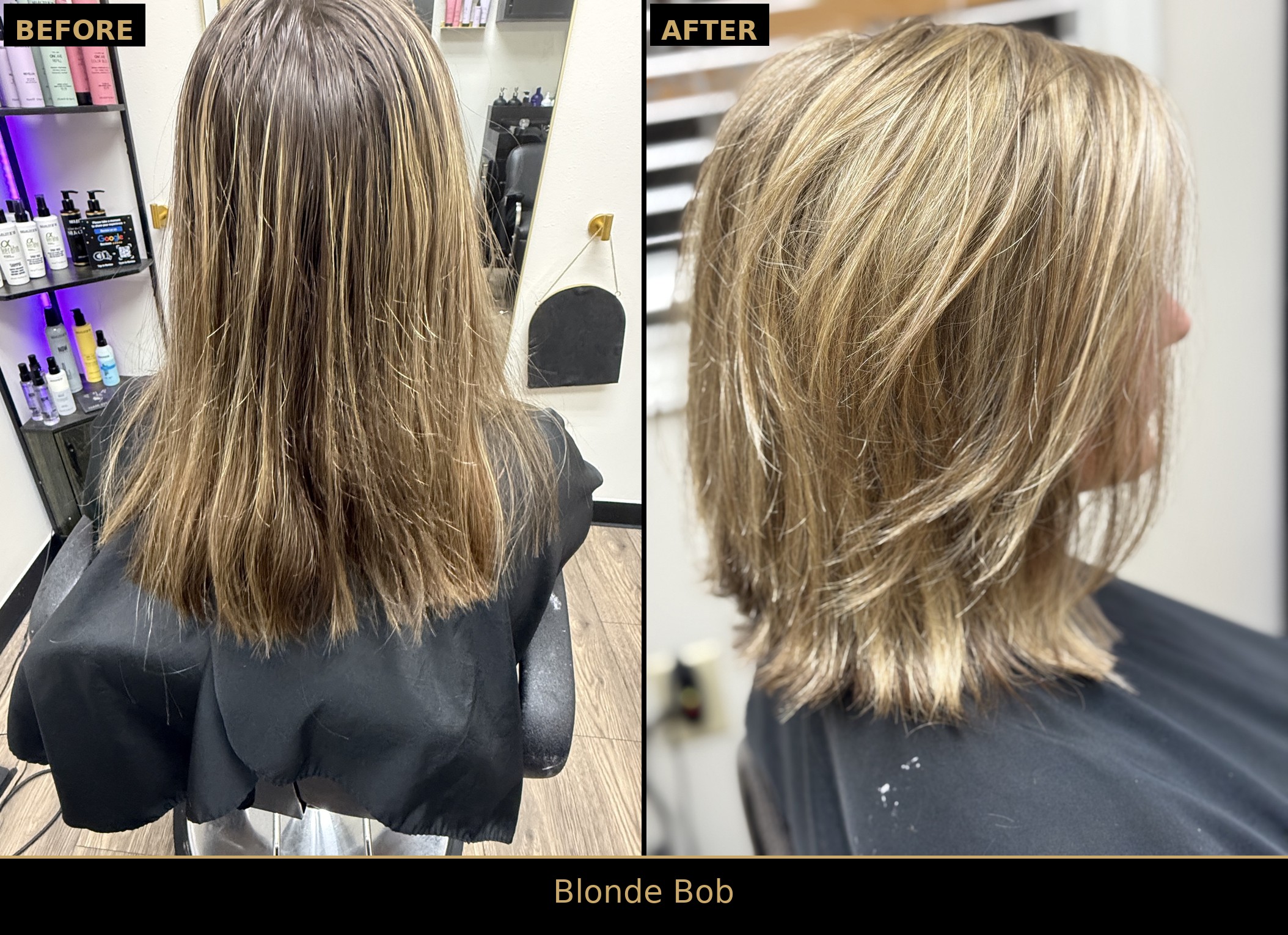Side-by-side before and after: long, straight highlighted hair transformed into a layered blonde bob
