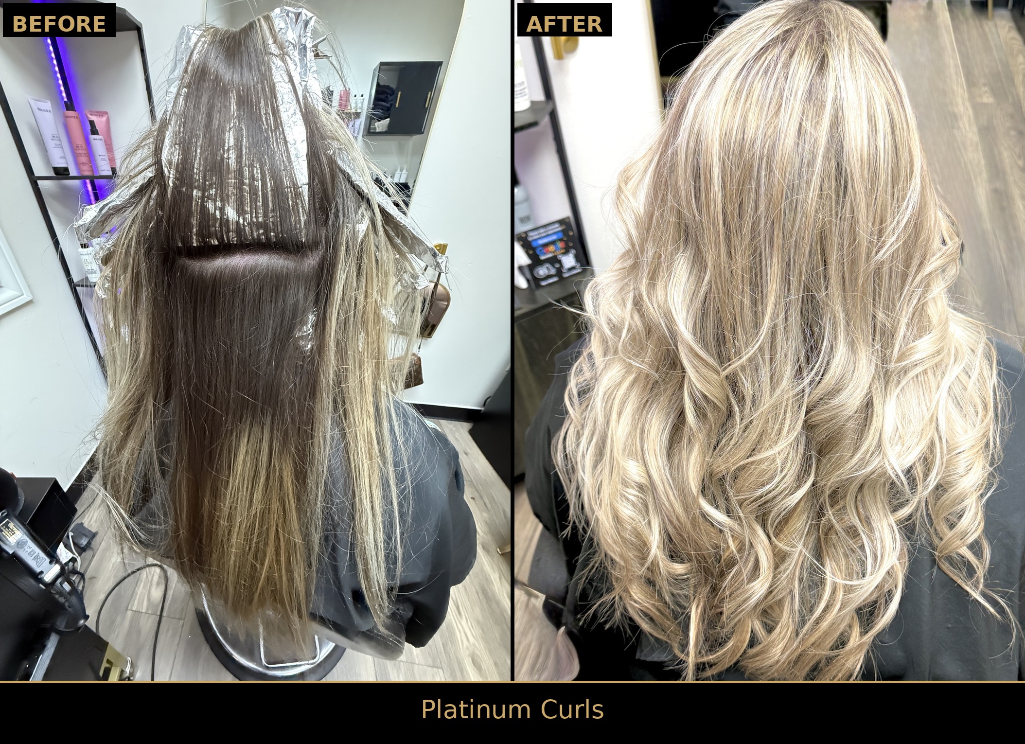 Side-by-side before and after: dark-rooted hair in foils transformed into long platinum blonde curls